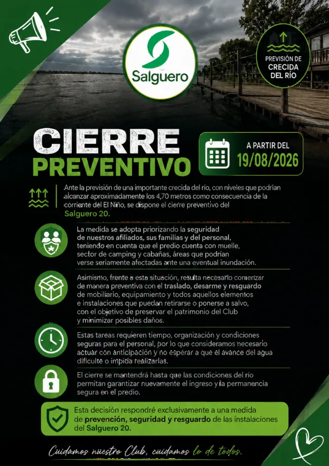 CIERRE PREVENTIVO  A PARTIR DEL 19/08/2026  PREVISIÓN DE CRECIDA DEL RÍO